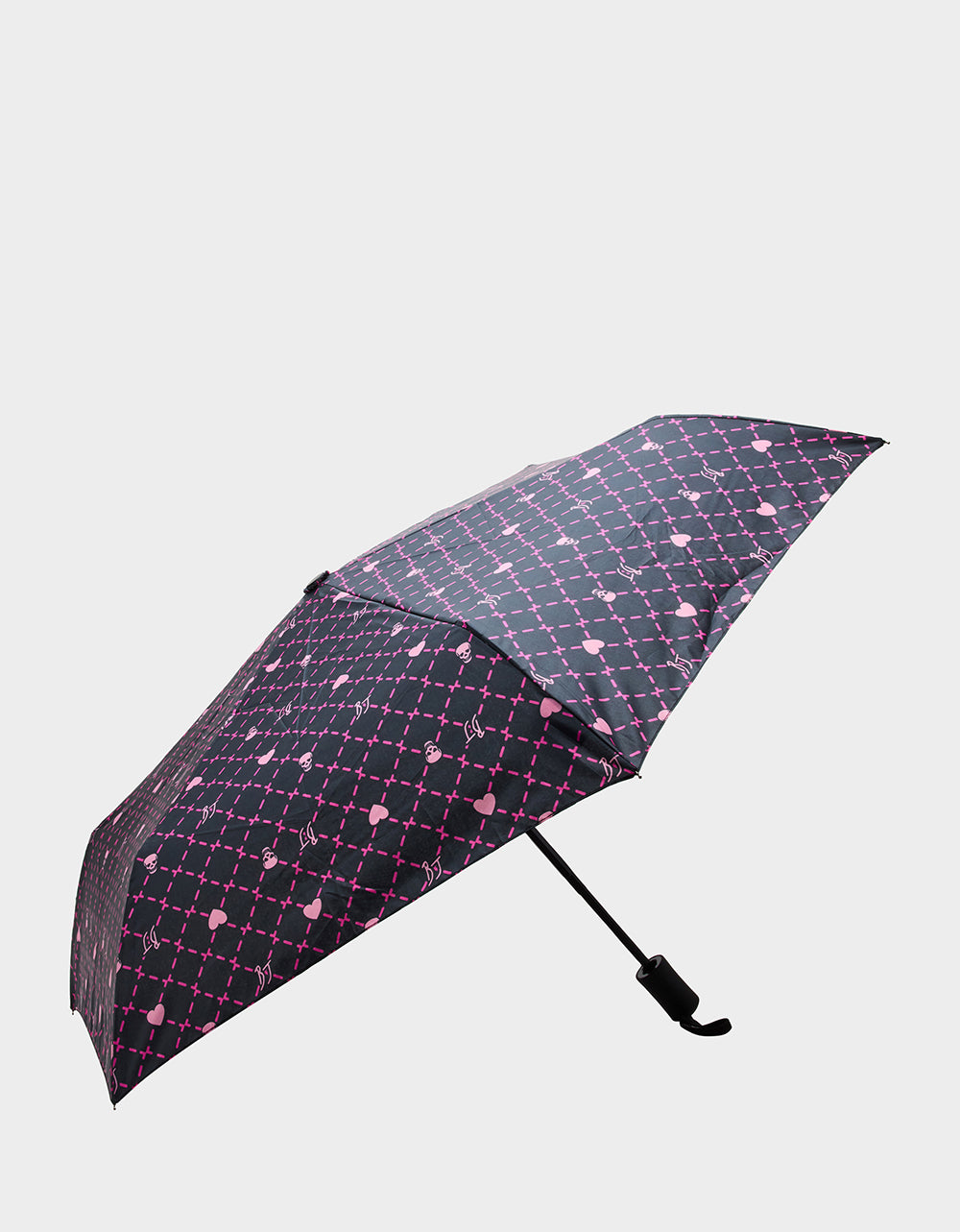 BETSEY'S HEART & SKULL PRINT UMBRELLA BLACK MULTI