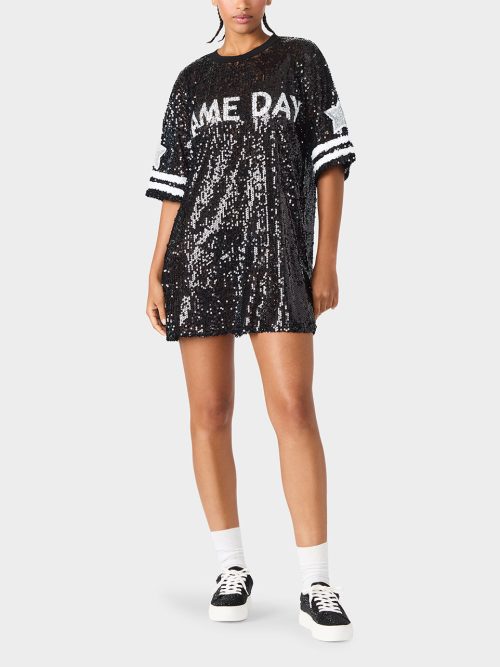 GAME DAY JERSEY SEQUIN DRESS BLACK